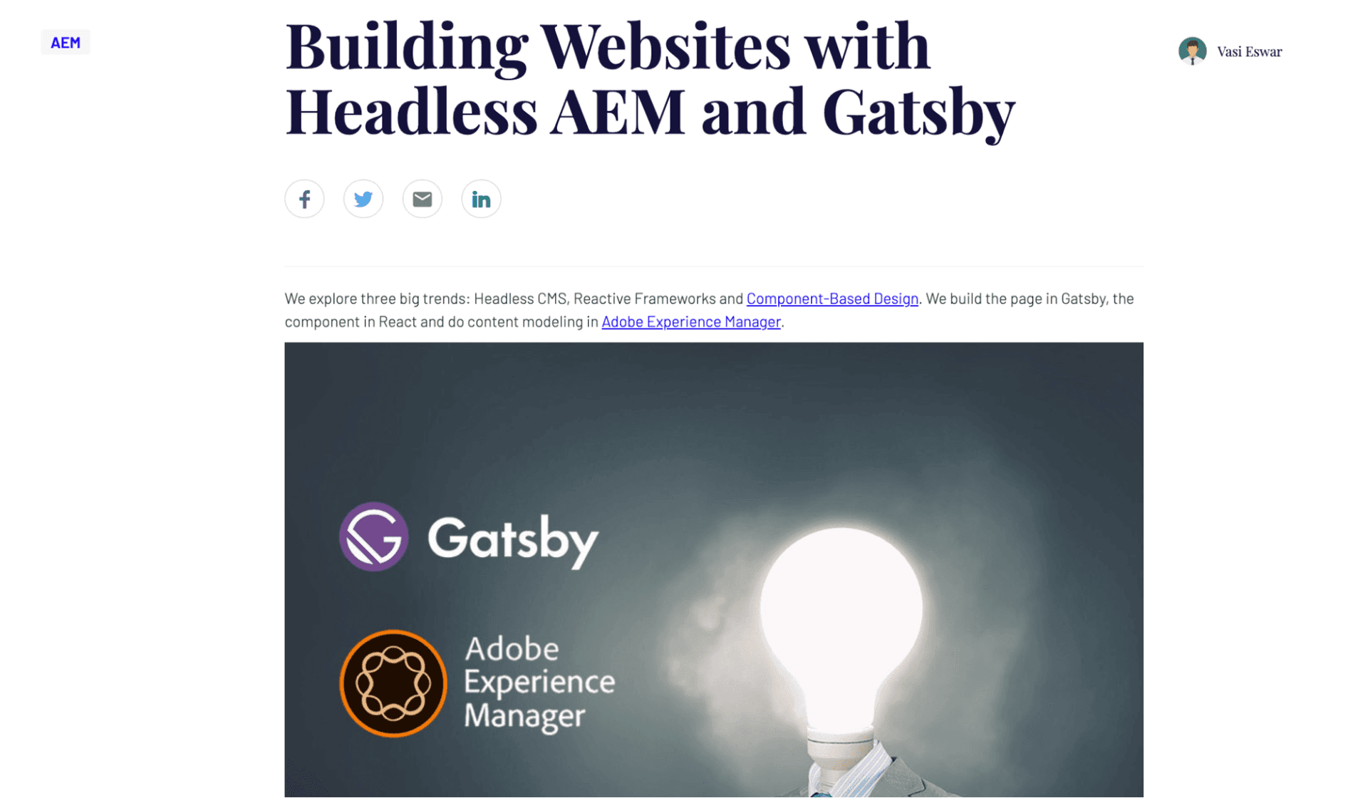Opening text of an article titled Building Websites with Headless AEM and Gatsby.