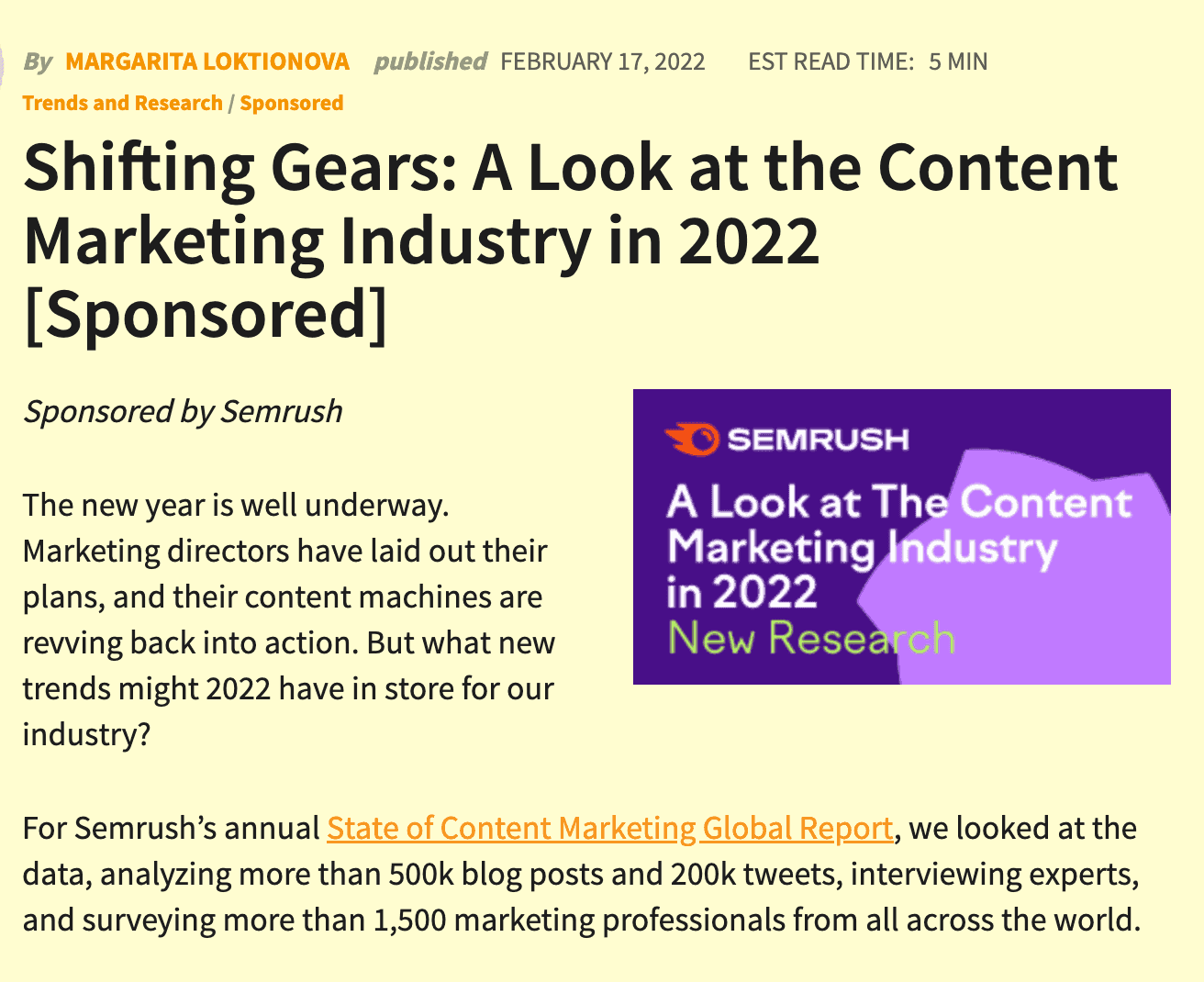 Sponsored content example from Semrush